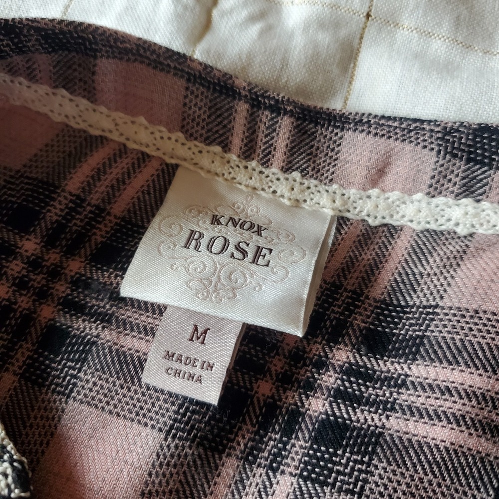 Knox Rose Top Women's Medium Pink Black Plaid Flannel V Neck Puff Sleeve Boho - Picture 4 of 9
